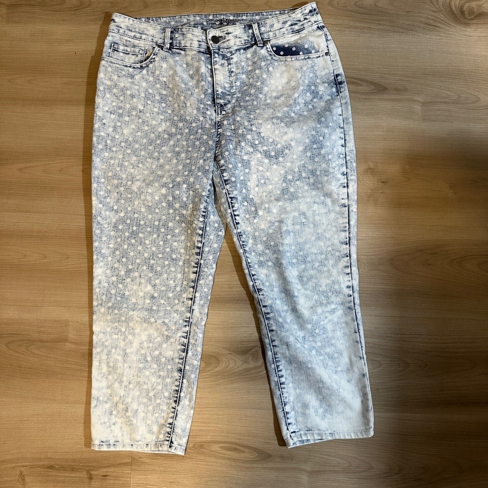 Chico's Platinum Crop Jeans Blue 1 MED Women Acid Wash Polka Dot Denim